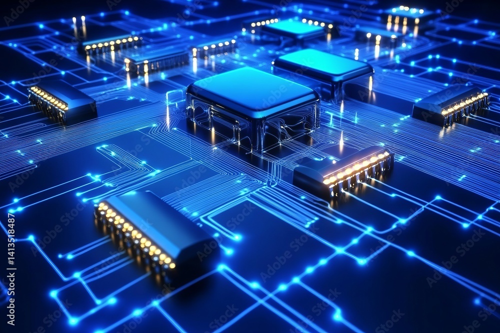 Poster a detailed view of a blue circuit board with chips and glowing lines showing connectivity patterns