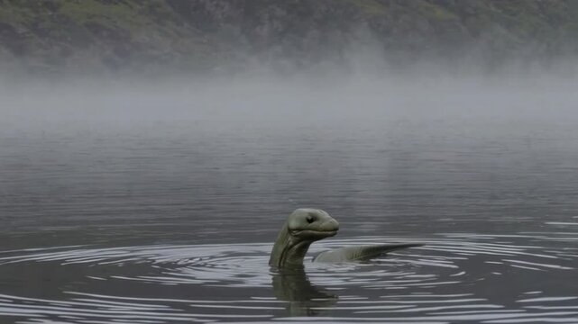 Mysterious Loch Ness monster calmly emerges from foggy lake waters in tranquil morning scene