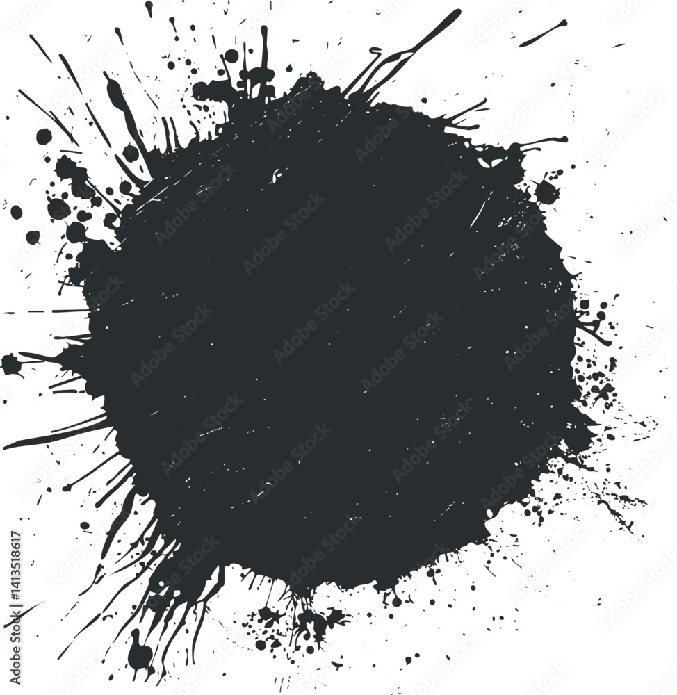 Poster a dynamic black ink splash with a circular shape ideal for creative designs and backgrounds.