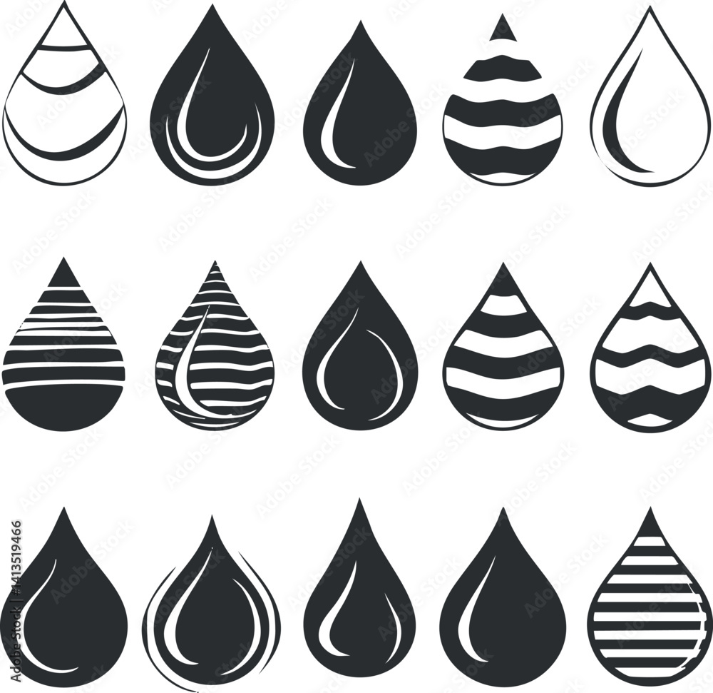 Poster a collection of stylized black and white water drop designs with various patterns and shapes.