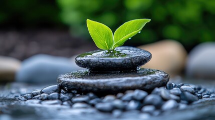 Serene nature scene balanced stones and growing plant seedling