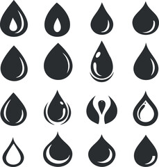 A diverse collection of black water drops in various shapes and sizes for design use.
