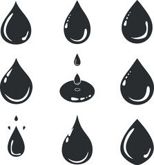 A collection of black water droplets in various shapes and sizes suitable for graphic design.