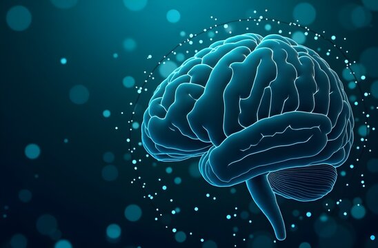 AI Brain Background with Layered Microchip Etching and Binary Data Elements in Deep Teal and Brushed Silver for Interface Design