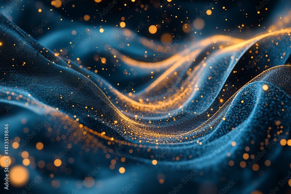 Poster Abstract blue waves with golden particles floating around creating a dynamic scene effect 100char