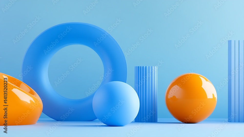 Aufkleber Colorful 3D abstract shapes and forms arranged beautifully on a pastel blue background for creative design : Generative AI