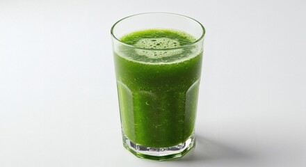 A glass of green juice with bubbles on top sitting on a white surface in a well lit environment