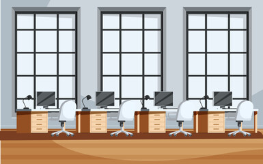office interior with tables with computers, vector illustration