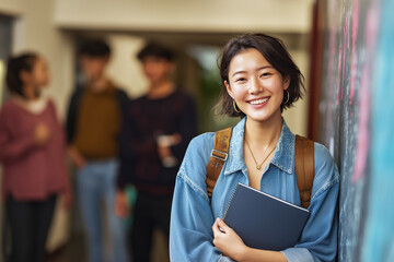 Fototapeta premium Confident college student smiling with a something in hand, standing in a hallway with blurred classmates chatting in the background. 