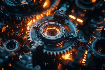 A complex arrangement of interlocking gears with brilliant lighting effects