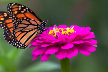 Naklejka premium A horizontal macro photo of a perfectly lit beautiful orange and black striped monarch drinking nectar from a pink giant zinnia on a beautiful sunlit summer day.