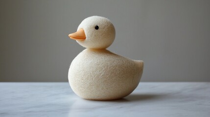 Fuzzy duck figure, cream colored with bright orange beak, marble surface, soft focus