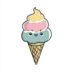 Whimsical Cartoon Ice Cream Cone with Happy Face, Colorful Swirls, and Crispy Waffle Cone, Perfect for Celebrations and Summer Treats