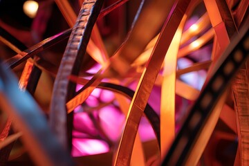 Abstract close up of film strips with orange and pink lighting creating a vibrant and dynamic scene