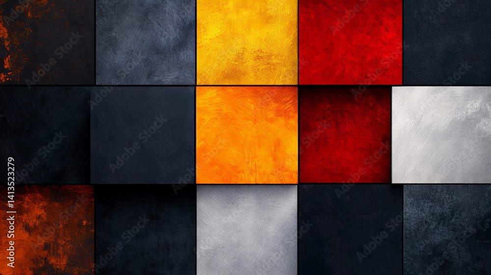 Poster squares display varying colors and textures in a tiled arrangement with visible brushstrokes and dar