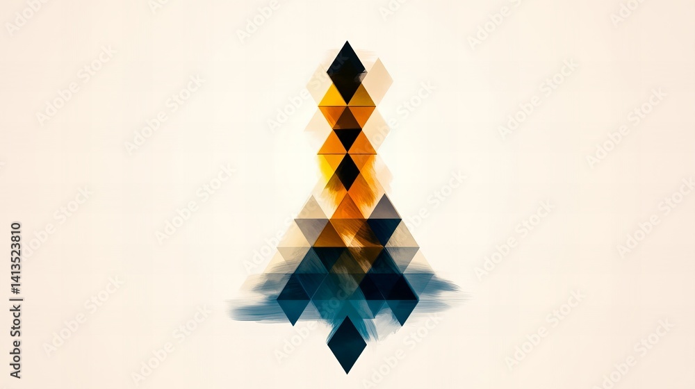 Poster stacked geometric triangles create an abstract form with blue and yellow hues on a neutral backgroun
