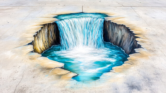 Chalk drawing of a realistic waterfall flowing off a cliff on the street