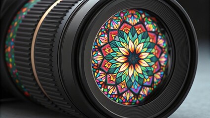 A close-up shot of a camera lens reflecting a vibrant and intricate kaleidoscope pattern with teal, yellow, orange, red, and purple hues