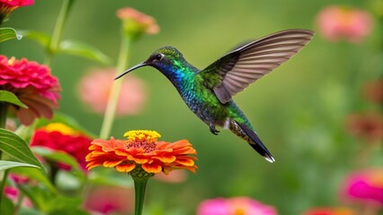 This image captures a beautiful hummingbird with iridescent green feathers in motion, its long beak extended towards a vibrant pink and yellow bloom