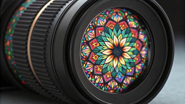 A close-up shot of a camera lens reflecting a vibrant and intricate kaleidoscope pattern with teal, yellow, orange, red, and purple hues
