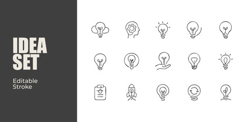 Vector Illustration Set of idea related line icons. Creative, lightbulb, brain etc. Editable stroke.