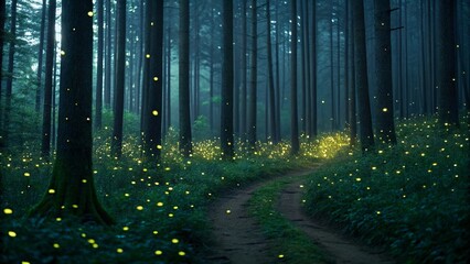 This image captures a mysterious forest scene at night with tall, dark trees lining a path, and tiny, luminous yellow lights dotting the forest floor