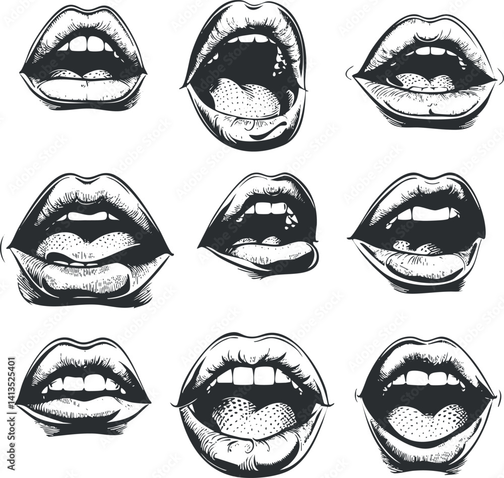 Poster a collection of various mouth illustrations showcasing different expressions and positions.