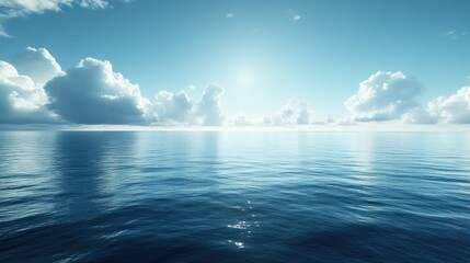 Serene Ocean Horizon with Sunlit Clouds and Calm Waters Ideal for Relaxation and Nature Themes