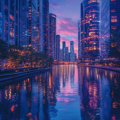 Naklejka premium Urban Cityscape At Twilight Calm River Reflections Photo