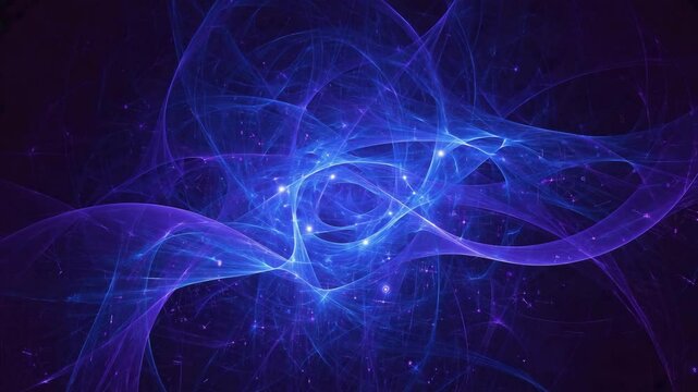 Elegant deep blue abstract fractal curves and spirals with sparkling highlights, digital design for science and technology concepts