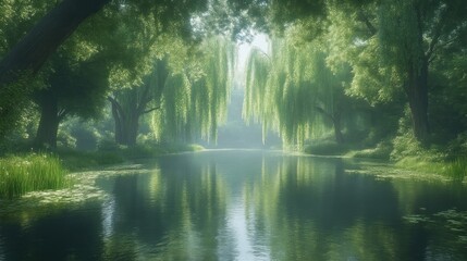 Serene River in Lush Green Forest with Weeping Willows