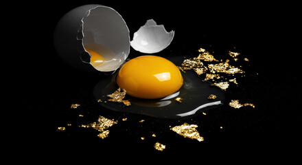 Cracked Black Egg Revealing Yolk with Gold Flakes Abstract Finance