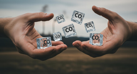 Concept Hands Catching Falling CO2 Ice Cubes Carbon Emission Problem