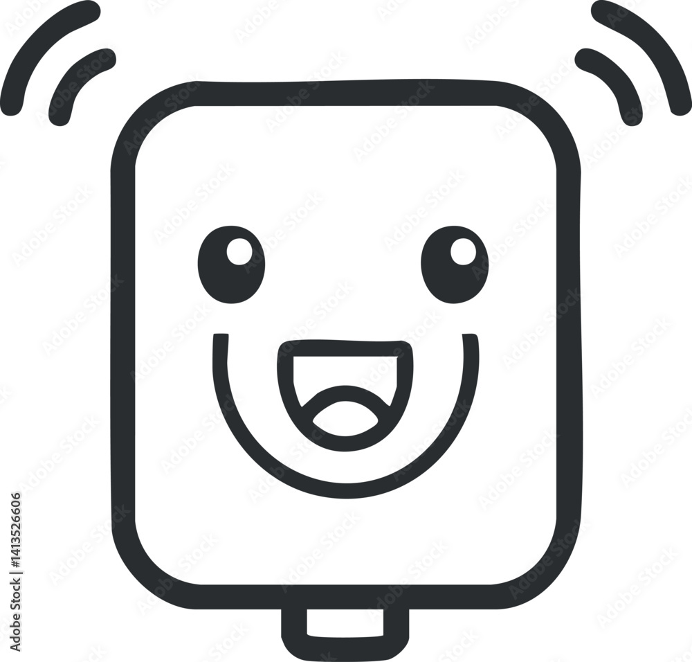 Poster a cheerful cartoon character with a smiling face and playful expression in a simple design.