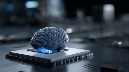 Glowing Blue Circuit Brain Inside 3D Rectangular Processor