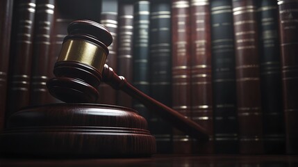 Judge's Gavel and Law Books, A judge's gavel resting on a wooden surface with law books in the background