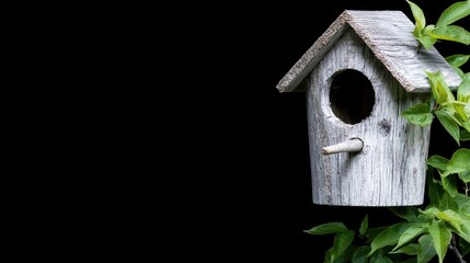 Rustic birdhouse nestled in lush greenery peaceful nature scene