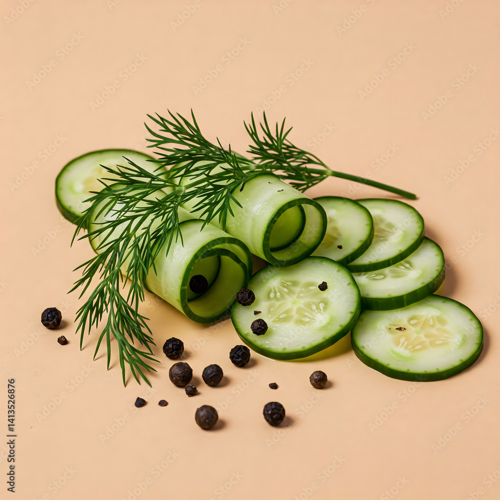 Aufkleber cucumber slices with dill and peppercorns on a light background. generative ai.