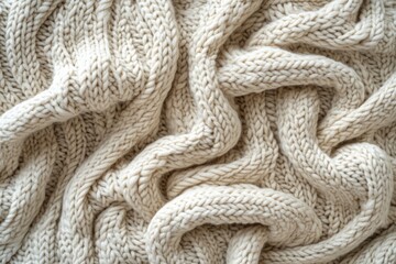 Cream-colored chunky knit fabric with a textured, cable-knit pattern, soft and warm.