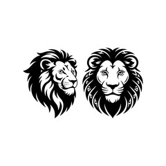 Lion head vector logo, Wild roaring lion king head tattoo set, Front and side view predator face, minimal lions heads icon black and white ink sketch silhouettes design, Eps, Ai, Svg format
