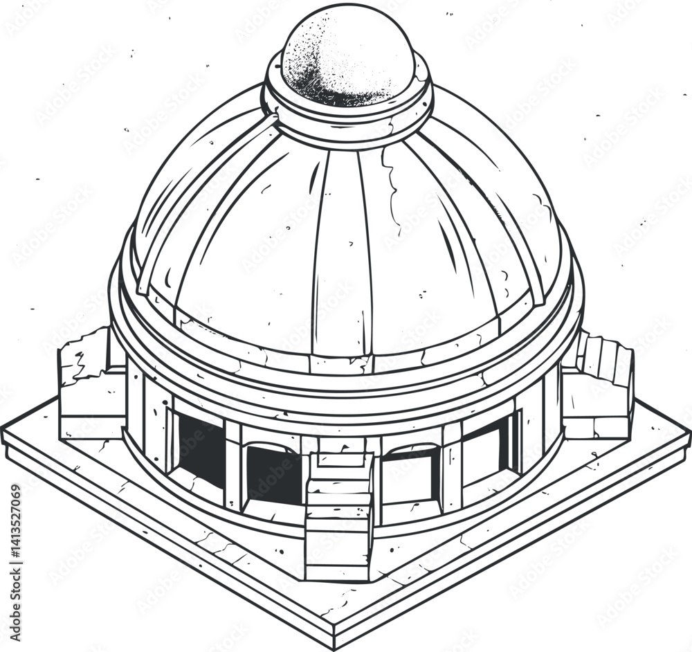 Poster a detailed sketch of a classical dome structure with an ornate design and architectural features.