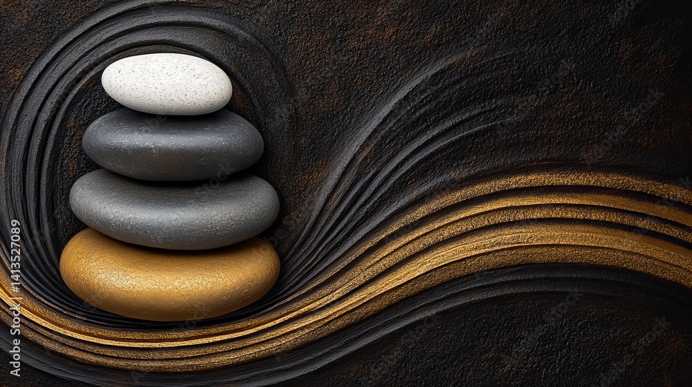 Poster stacked smooth pebbles are balanced atop each other against a dark textured surface with flowing gol