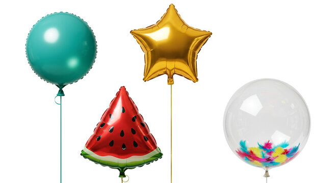 Four balloons float against a white background, featuring a sphere, star, watermelon slice, and a transparent balloon filled with feathers.