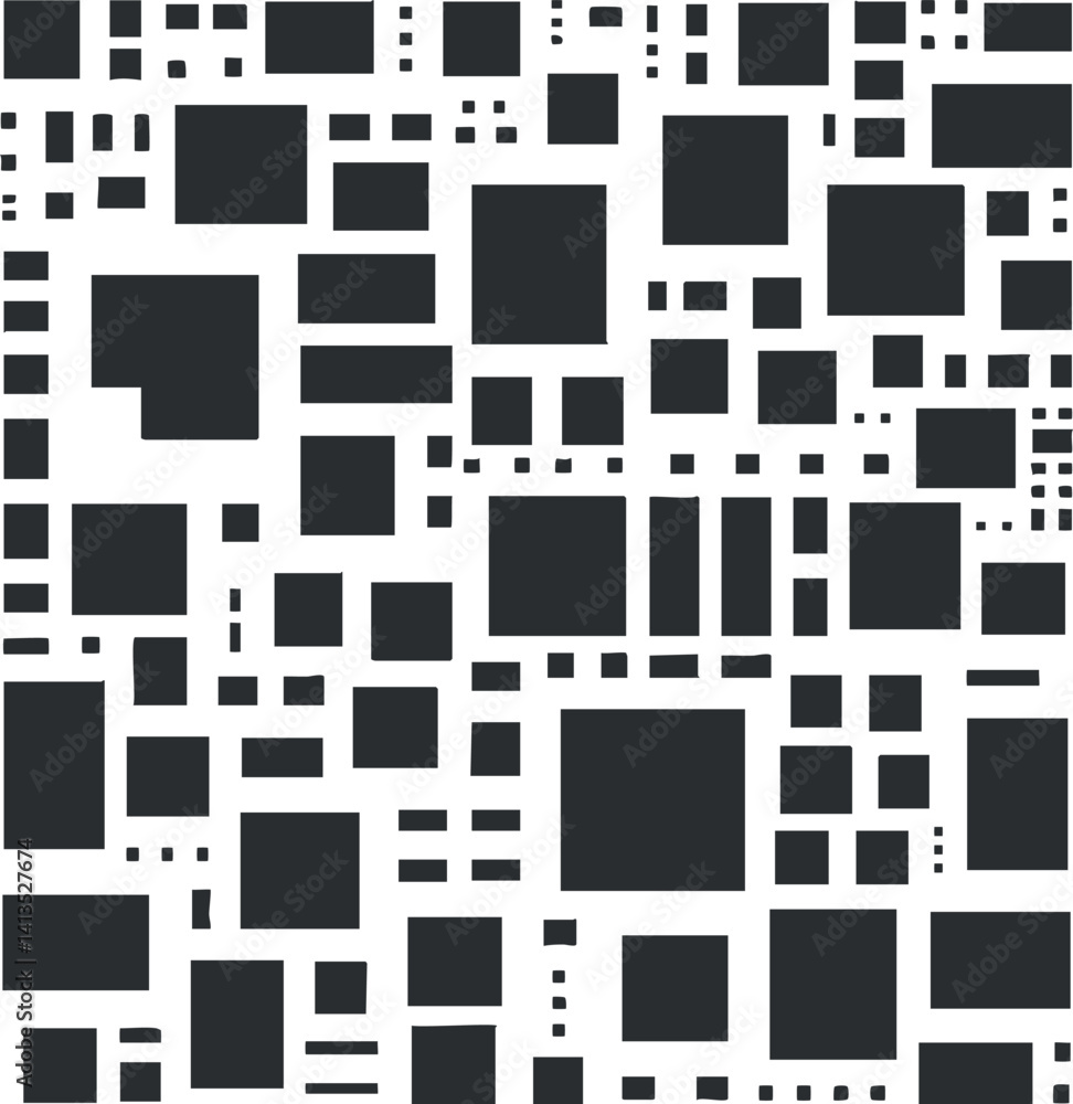 Poster abstract geometric pattern featuring a variety of black shapes and blocks on a white background.
