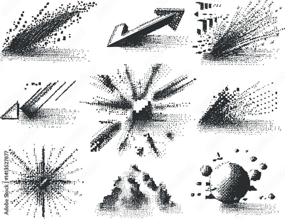 Aufkleber a collection of dynamic graphic elements featuring arrows and explosion effects in a modern style.