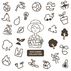 シンプルなゆるい手書き風のエコロジー・SDGsアイコンセット｜農家の人物イラスト
