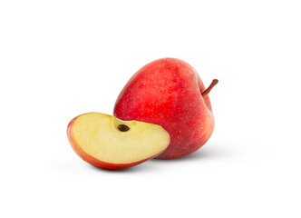 Fresh juicy red apples with a cut isolated on white background. Slice of apple and whole apple.