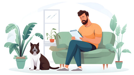 Professional Man and Dog Using Tablet Together on Couch Vector Illustration