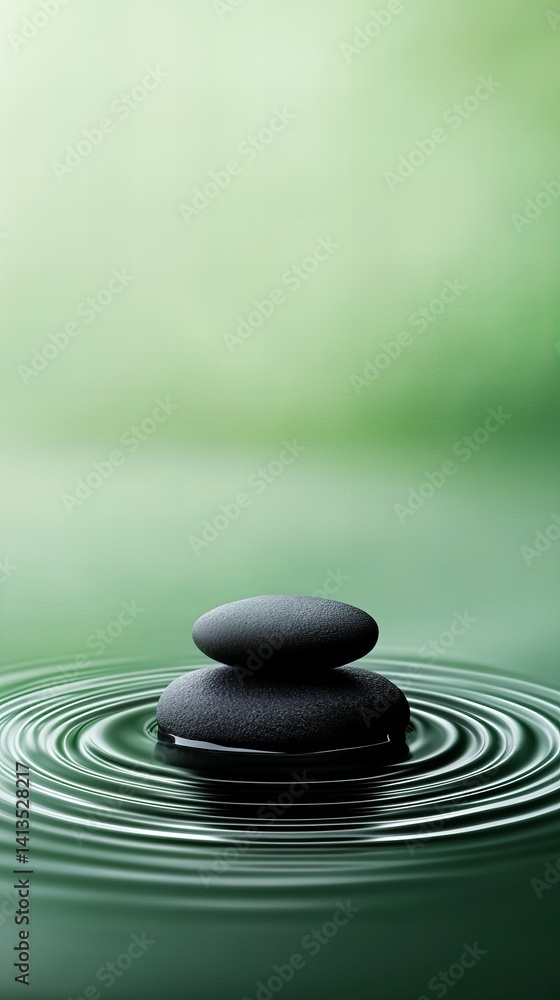 Poster stacked stones are balanced in water creating concentric ripple patterns with a smooth green backgro