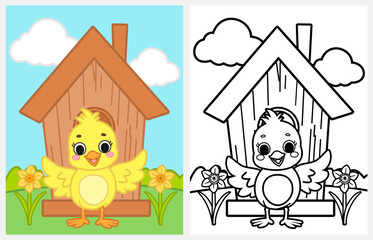 Cute smiling bird coloring page for kids, spring coloring page for kids